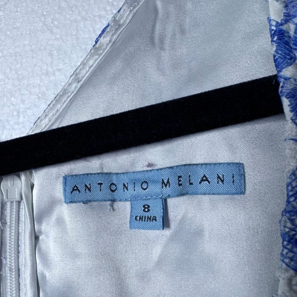 Antonio Melani Womens Size 8 Blue White Lace Floral Sheath Dress Scalloped Hem - Picture 2 of 12